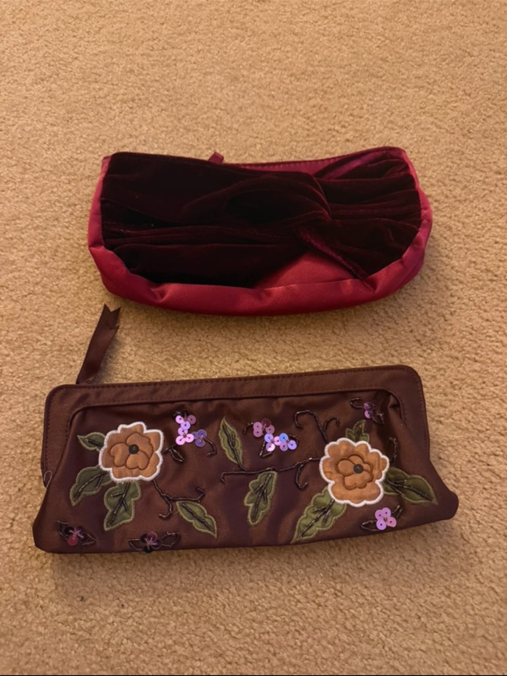 2 Women's Embroidered Floral Clutches in Deep Brown and Burgundy